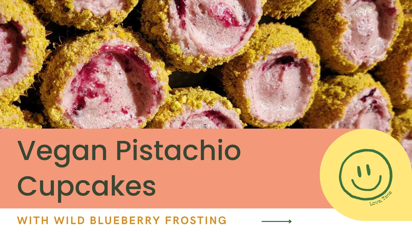 Plant Based Tone recipe visual for Vegan Pistachio Cupcakes with Wild Blueberry Frosting